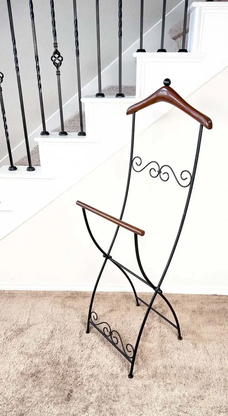 Vintage MCM Folding Butler Valet Stand Wood & Wrought Iron Clothes Rack Hanger